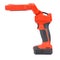 Side view of cordless 12V LED task light with flexible head and retractable hook for hands-free lighting in red and black