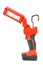 Side view of cordless 12V LED task light with flexible head and retractable hook for hands-free lighting in red and black