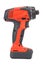 Side view of cordless 12V screwdriver powered by Li-ion battery with hexagonal chuck in red and black rubberized reinforced