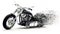 Side view of a Custom black motorcycle with dispersion effects on a white background.