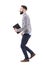 Side view of excited smart casual businessman running with notebook in hand