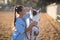 Side view of female vet checking horse ears