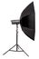 side view flash with octagonal softbox on stand, studio equipment close-up on a white