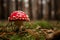 Side view of fly agaric grows in the pine forest on green moss