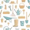 Side view gardening seamless pattern set icon set. Collection of useful horticulture tools spade, hat etc.