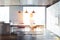 Side view gray panoramic kitchen dining room blur