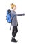 Side view of hipster backpacker woman hitchhiking with thumbs up looking away