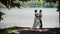 Side view of a kissing couple on their wedding day. Happy bride and groom in a beautiful place on a river bank.