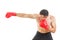 Side view of male boxer hitting straight against a white background