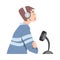 Side View of Man in Headphones Recording Audio Podcast with Microphone in Studio Cartoon Style Vector Illustration