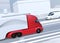 Side view of metallic red self-driving electric semi trucks and minivan on highway