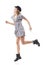 Side view mid air jumping fashionable young woman shopper late for shopping discount.