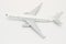 Side view of miniature passenger airplane on white background.