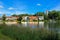 Side view with my hometown Talsi. Houses reflecting in the lake.