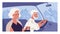 Side view of old gray-haired couple inside car on summer evening. Scene with elegant senior people driving auto. Colored