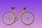 Side view old yellow and black bicycle on gradiant violet background, object, fashion, sport, relex, copy space