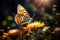 Side View Orange Butterfly Insect Alight on Flower in Park Garden at Morning Sunshine