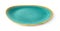 Side view of oval turquoise ceramic plate with yellow border isolated on a white background. Empty crockery for food design.