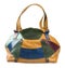 Side view of patchwork multicolored handbag