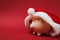 Side view of pink piggy money bank with Christmas hat on bright red background. Money accumulation, investment