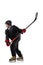 Side view. Portrait of concentrated boy, child, hockey player in motion, training isolated over white background.