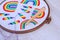 Side view of punch needle pinned in a fabric with unfinished embroidered rainbow in a hoop on white wooden texture