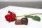 Side view red rose with blurred chocolate heart