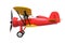 Side view of red and yellow biplane on white background.