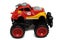 Side view of a red yellow toy monster truck with red painted wheels