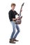 Side view of relaxed young rocker male playing electric guitar vertically looking down
