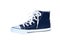 Side view of right womens high top lace up dark navy blue sneaker isolated on white background