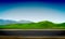 Side view of a road, roadside, green meadow in the hills clear blue sky background, vector illustration