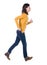 Side view of running woman in yellow cardigan