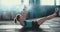 Side view self-isolation workout. Attractive sporty young woman does intense abs exercise on yoga mat at atmospheric gym