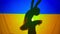 Side view silhouette of ballerina at Ukrainian flag with backlit raising hands praying. Graceful skilled dancer