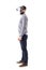 Side view of smart casual bearded business man in gray vest watching vr glasses