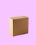 Side view of square closed Kraft cardboard box on a pink background