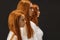 Side view on three redhead sisters isolated