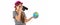 Side view of Trendy young girl in striped t-shirt and red hat looking through binoculars to world globe in her hands