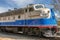 Side view of vintage train locomotive in the station of Fillmore, California.