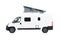 Side view of white campervan RV motorhome with tent on top isolated on background