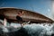 Side view on young female wakesurfer in wetsuit on surfboard who rides on the wave.