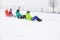 Side view of young friends sledging on snow covered slope
