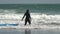 Side view of young woman surfer in wetsuit pulls surfboard by leg rope, walking breaking waves on beach of Pacific Coast