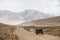 Sidecar motorcycle backed by a mountain range