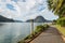 Sidewalk with columns along lake Lugano, Switzerland