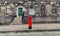 Sidewalk, facades and typical red british postbox