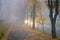 The sidewalk with a pair of walkers is in dense fog. Cars move along an autumn road in conditions of poor visibility. Bad weather