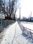 Sidewalk road in winter in a small provincial town of Russia. Pedestrian zone for people in the village.