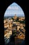 Siena cityscape. Picturesque aerial view of Basilica di San Clemente in Santa Maria dei Servi.typical buildings red roofs from